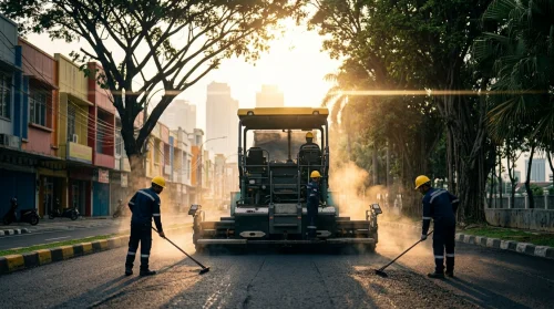 jasa pengaspalan serang para pekerja sedang melakukan pengaspalan jalan