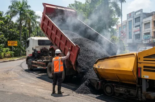 Dump truck menuangkan aspal panas ke asphalt finisher pada proyek pengaspalan jalan di Jakarta Selatan