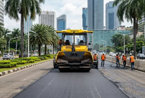 Potret pekerja pengaspalan jalan di Jakarta Selatan saat jeda kerja di tengah proyek berlangsung