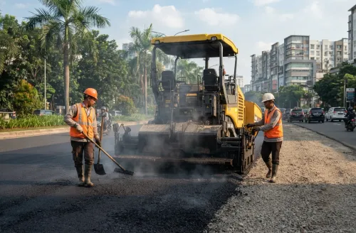 Proses penghamparan aspal panas menggunakan asphalt finisher di jalan Jakarta Selatan oleh tim pekerja profesional