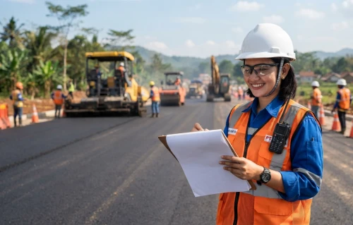 engineer menyusun RAB pengaspalan jalan di lokasi proyek
