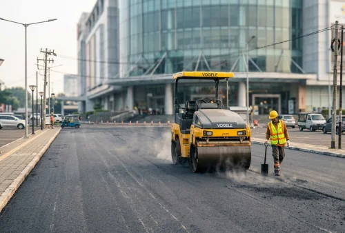 pemadatan aspal area parkir pusat perbelanjaan di Jakarta Barat