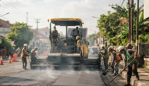 proses overlay aspal menggunakan asphalt finisher di atas permukaan jalan lama