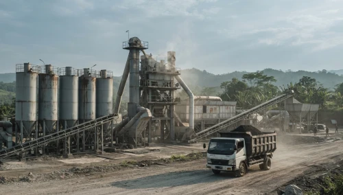 Deretan silo dan mixing tower Pabrik Aspal Sumedang dari sudut samping