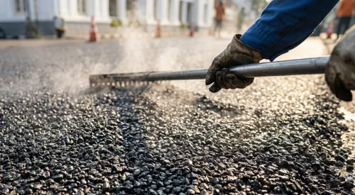 Detail tekstur aspal panas yang baru dihamparkan pada proyek pengaspalan jalan Jakarta Pusat