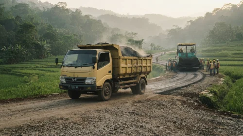Jasa pengaspalan Cianjur dengan dump truck membawa material hotmix ke lokasi proyek