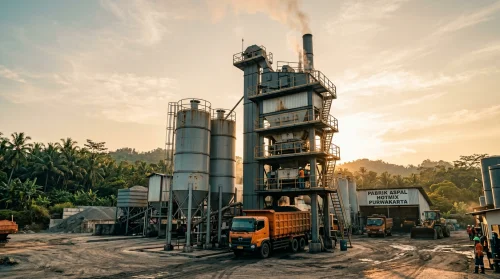 Pabrik Aspal Purwakarta milik PT Kampung Aspal Indonesia dengan silo dan mixing tower saat golden hour