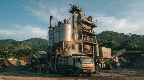 Pabrik Aspal Sumedang dengan silo dan mixing tower saat golden hour