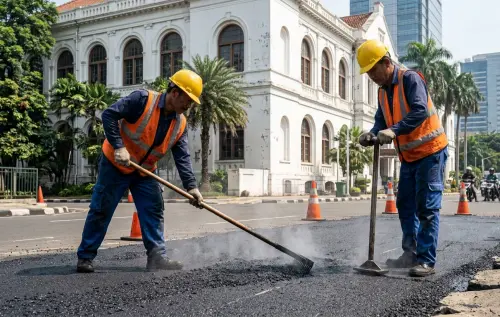 Pekerja meratakan aspal secara manual saat proyek pengaspalan jalan di Jakarta Pusat