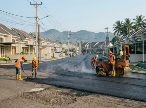 Pengaspalan jalan perumahan di Purwakarta menggunakan aspal hotmix oleh tim profesional