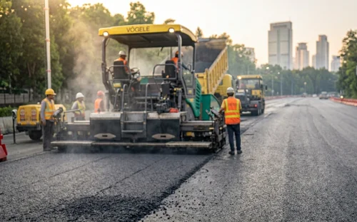 Potret pekerja pengaspalan jalan di Jakarta Pusat saat jeda kerja di tengah proyek berlangsung