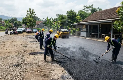 Proses jasa pengaspalan sumedang untuk area parkir rumah makan di Sumedang Utara menggunakan aspal hotmix.