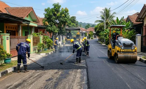 Proses pengaspalan jalan perumahan di Jatinangor oleh jasa pengaspalan Sumedang menggunakan aspal hotmix dan alat pemadat.