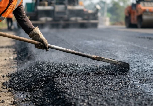 Proses penghamparan aspal hotmix pada proyek jasa pengaspalan Purwakarta