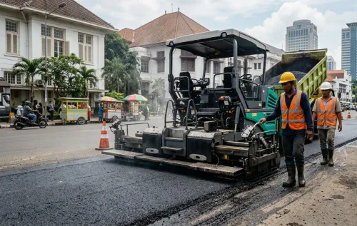 Proses penghamparan aspal panas menggunakan asphalt finisher di jalan Jakarta Pusat