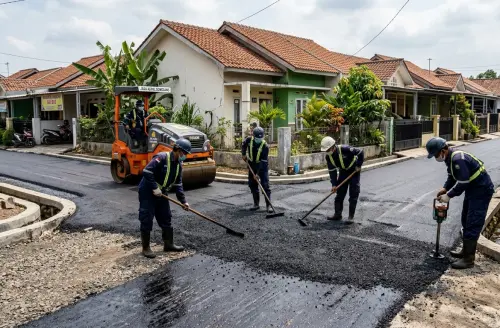 jasa apengaspalan sumedang pengerjaan jalan perumahan di Tanjungsari Sumedang dengan proses perataan dan pemadatan aspal.