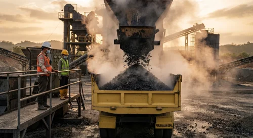 aspal dari pabrik aspal (asphalt mixing plant) yang diangkut oleh dump truck