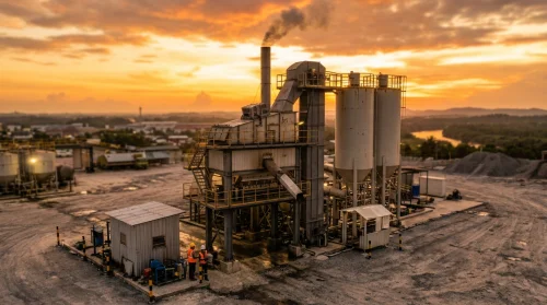 pabrik aspal (Asphalt Mixing Plant) berskala besar menunjukkan menara pencampur, silo, dan kegiatan alat berat serta truk