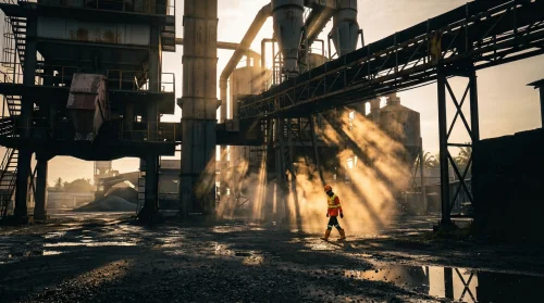 pabrik aspal (Asphalt Mixing Plant) di Indonesia di bawah terik matahari, menampilkan struktur menara baja, silo, dan truk dump sebagai skala pembanding.
