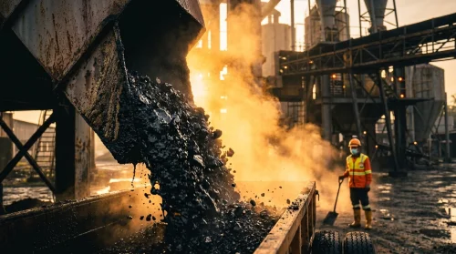proses pengeluaran aspal panas di pabrik aspal (Asphalt Mixing Plant) di Indonesia saat matahari terbenam, menangkap tekstur material curah dan uap yang disinari cahaya keemasan.